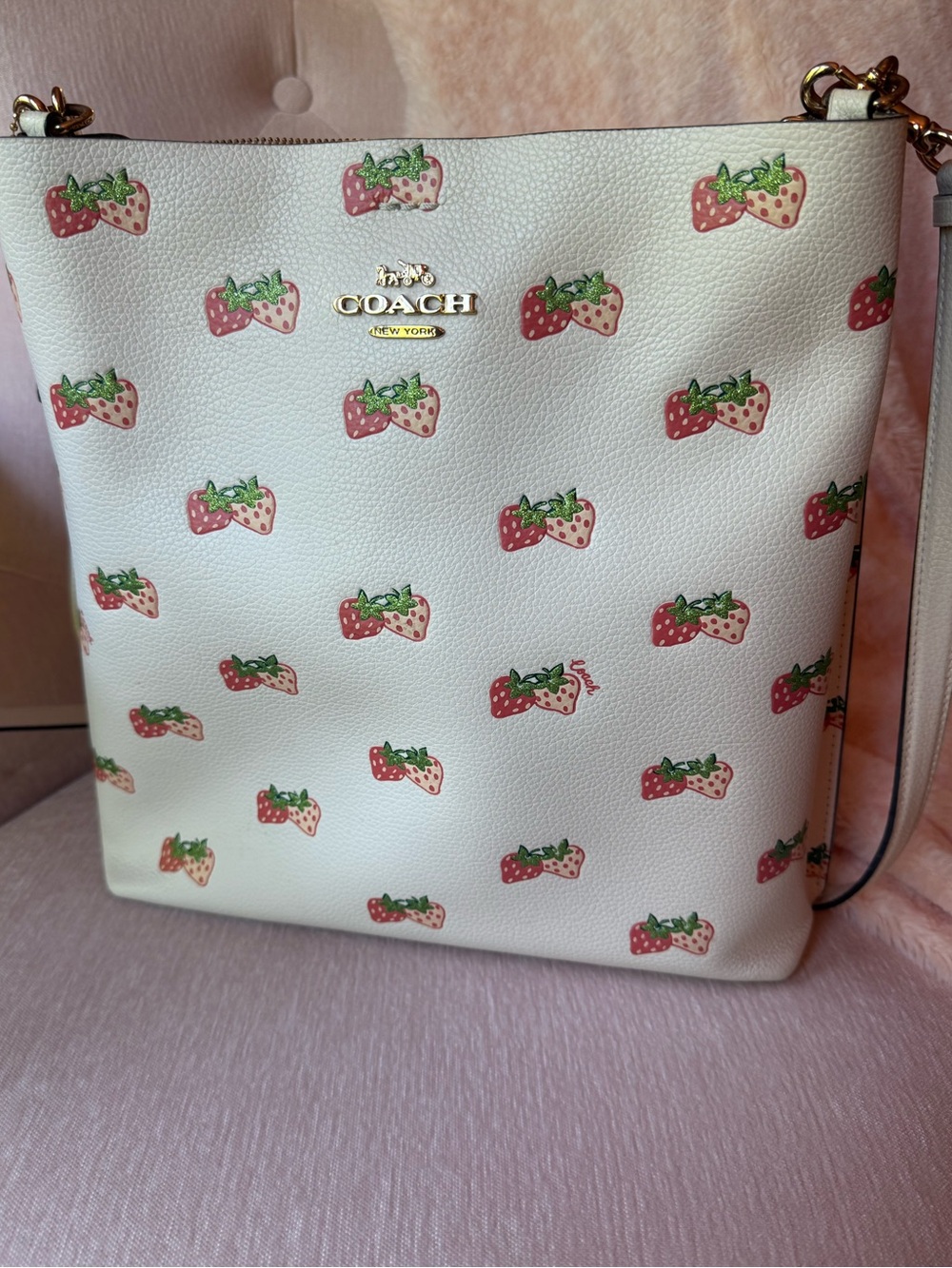 🍓Coach Mollie Bucket Bag with Strawberry Print Cream Pink Leather Shoulder EUC - Picture 2 of 10